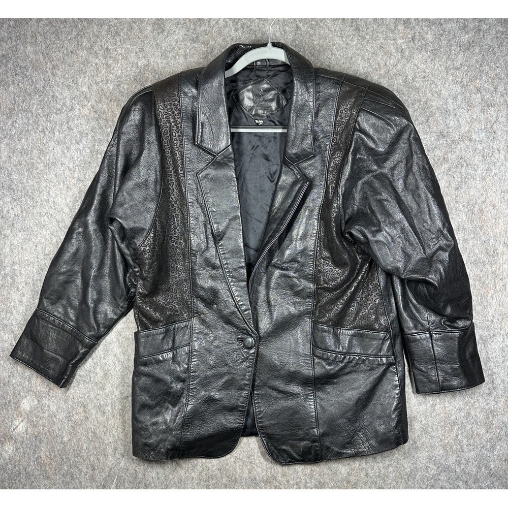 Vintage 90s Black Leather Blazer Large‎ Leopard Print Embossed Jacket